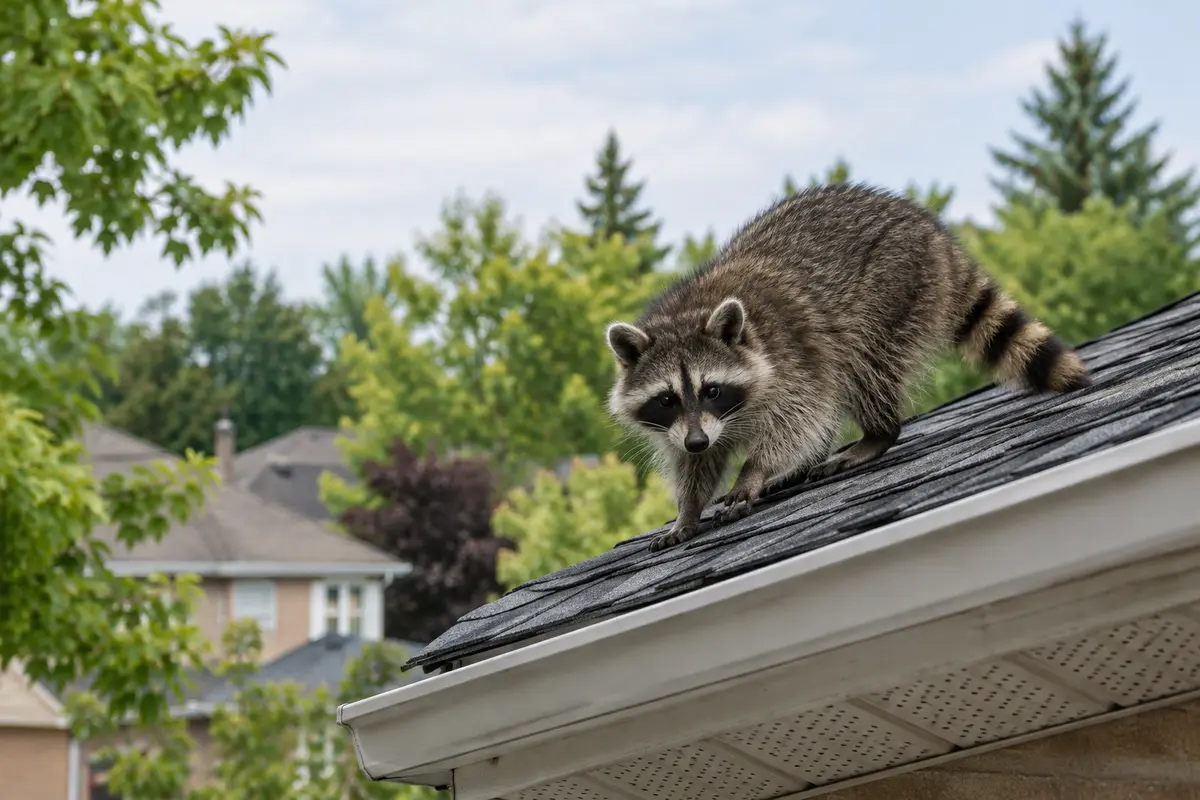 Raccoon on a residential roof near a soffit