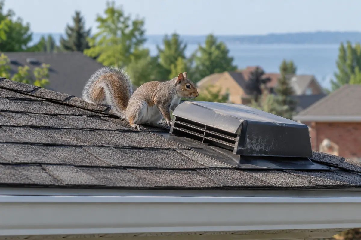 Squirrel beside a roof vent