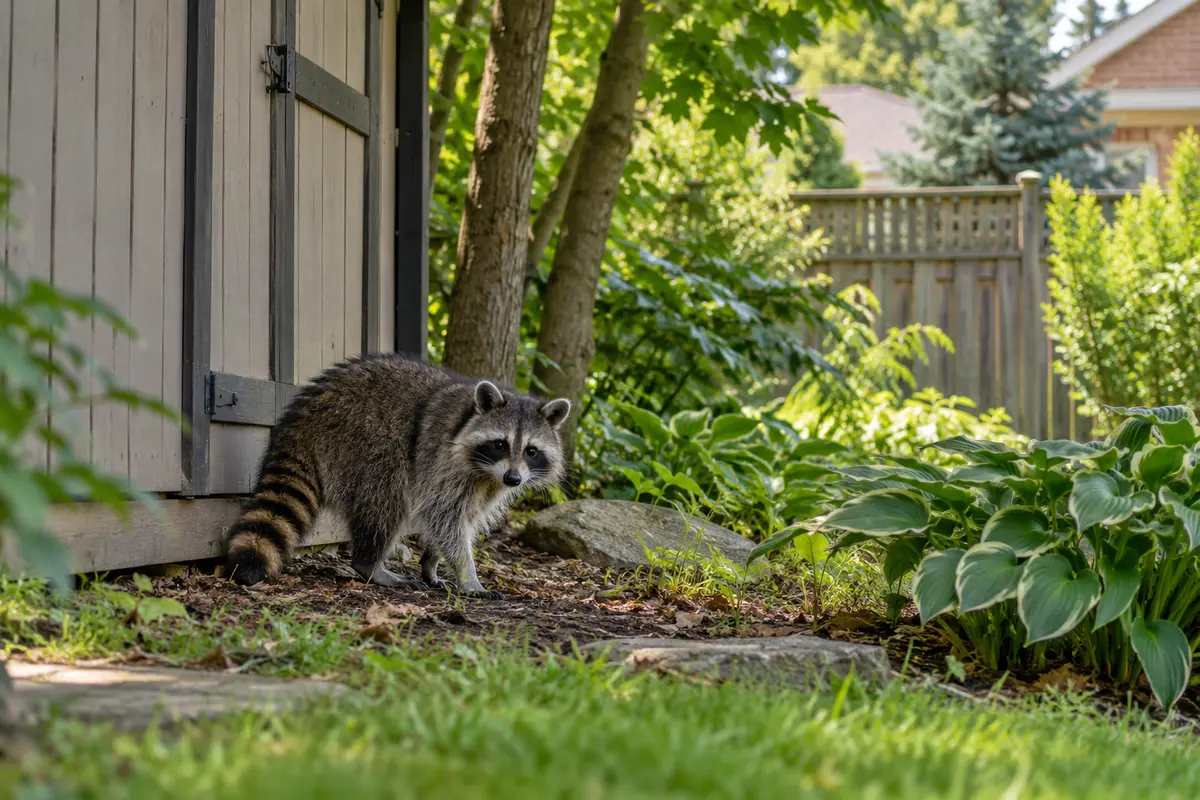 Raccoon beside a backyard shed