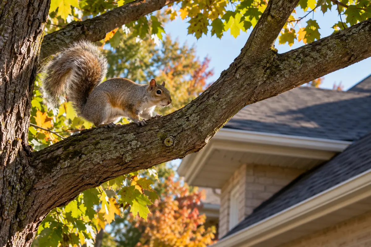 Squirrel in a tree near a residential roof