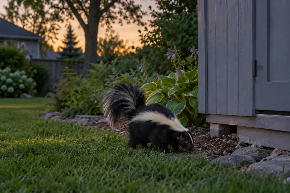 Skunk beside a suburban garden shed