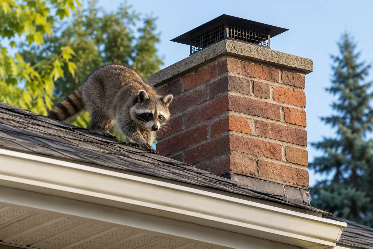 Raccoon near a roof chimney