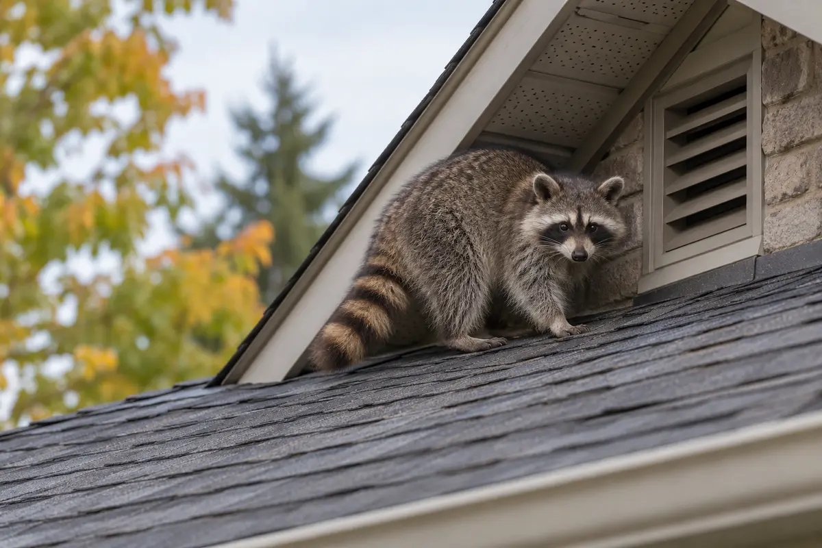 Raccoon near a residential roof