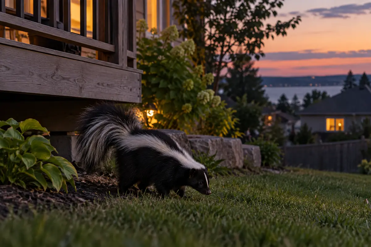 Skunk beside a residential deck