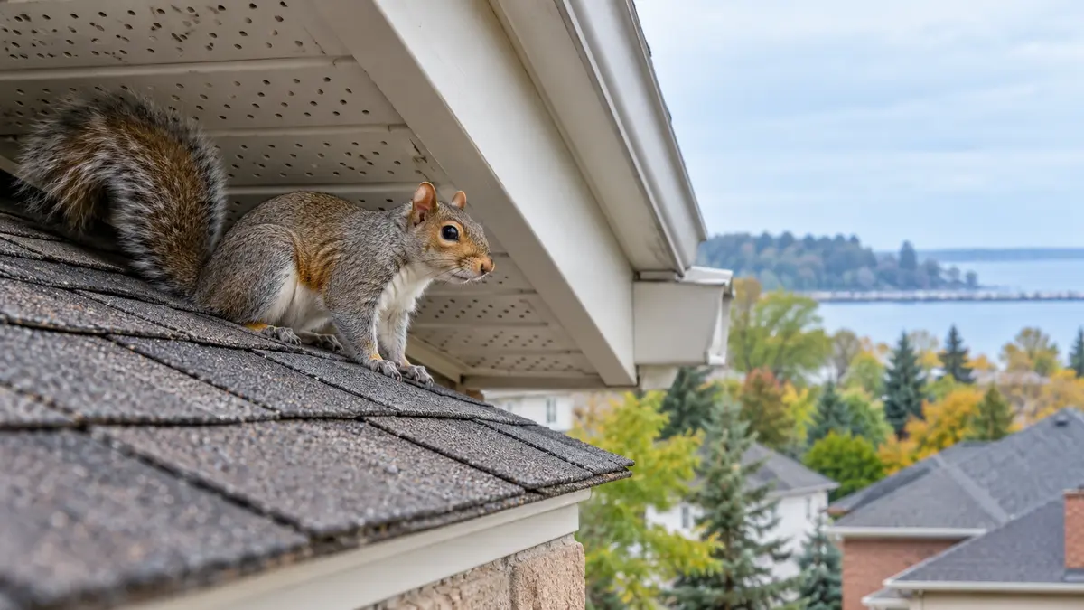 Squirrel beside a residential soffit