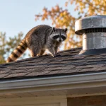 Raccoon beside a damaged roof vent on an Ontario home