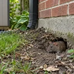 Illustration of a brown rat beside a foundation opening
