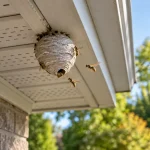 Illustration of a paper wasp nest beneath the eaves of a house
